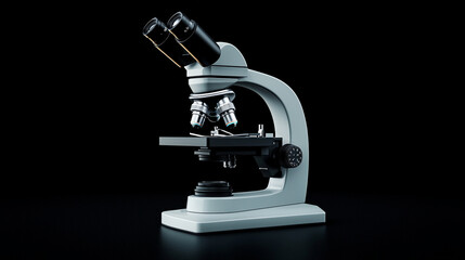 Modern gray microscope on black background detailed scientific equipment tool grey lens study focus
