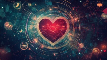 Obraz premium 110.A digital illustration featuring a large red heart in the center surrounded by symbols for male, female, and non-binary genders, interconnected by soft glowing lines.