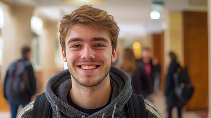 Fototapeta premium Happy smiling young man student portrait casual grey hoodie boy face smile model people person joyful