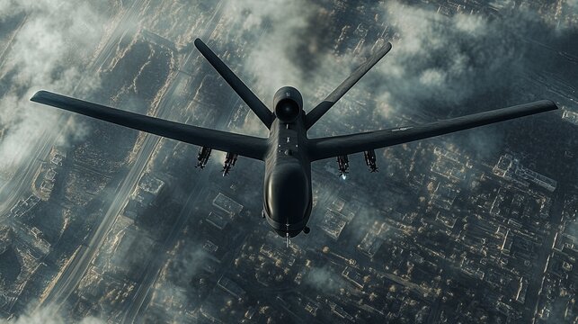 A military surveillance drone flying over enemy territory, discreet and tactical, ultra-detailed, 8k