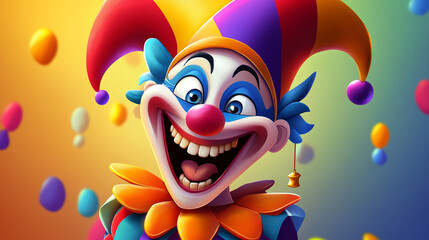 Obraz premium Cartoon jester with smile and colorful hat with bells.