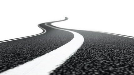 a winding road extending into the distance. with a smooth asphalt surface and a prominent white line running along the center the background is minimalistic. featuring a bright. almost ethereal white