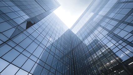 Futuristic low-angle shot of a modern glass office building reflecting the sky