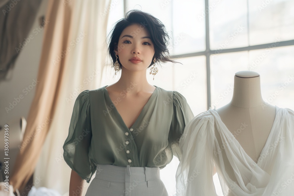 Aufkleber refined asian tailor in bright workshop cradling elegant mannequin with flowing fabric generative ai