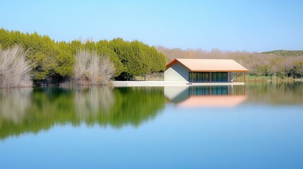 Obraz premium Serene Lakeside Architecture with Modern Design and Nature Reflection