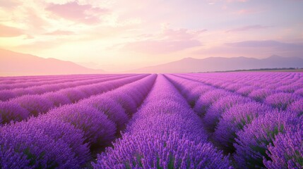 Fototapeta premium A serene lavender field stretches under a pastel sky, showcasing rows of vibrant purple blooms against a tranquil landscape.