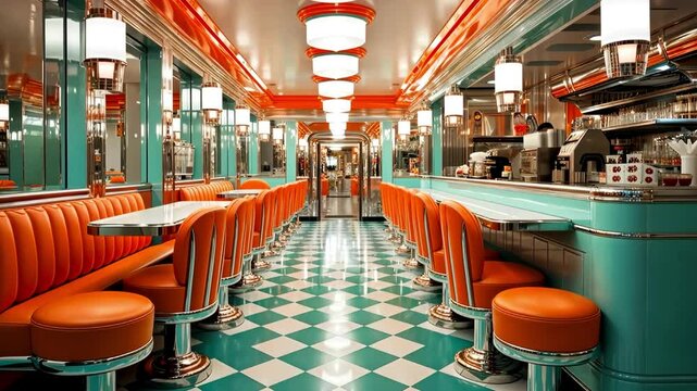 Colorful retro american diner interior design, bar, cafe