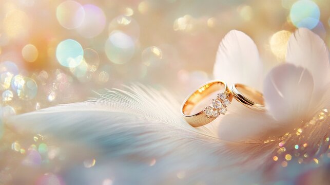 2.Close-up of two golden wedding rings placed on a delicate white feather, resting on a softly textured vintage background with pastel hues and subtle bokeh.