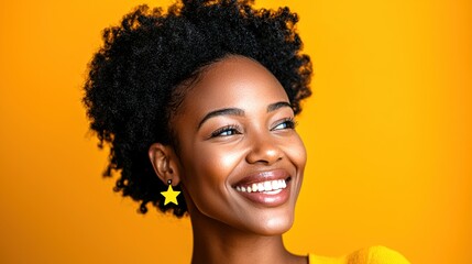 Joyful Woman with Natural Hair Smiling Against Orange Background