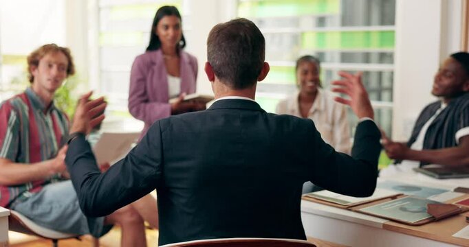 Education, students and professor in office for discussion on college exam schedule. Scholarship, university and back of male lecturer with group of people for studying tips with test questions.