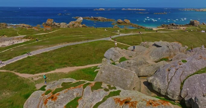 Aerial view of an ancient stone house in the rocks. A mountain village located in the commune of Kerlouan, the Meneham site is located in the heart of the Pagan region, Brittany