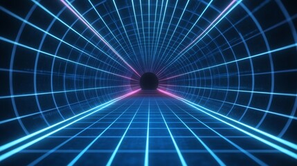 A blue grid background with glowing neon lines forming an abstract tunnel leading to the horizon, perfect for adding futuristic and digital elements to your designs