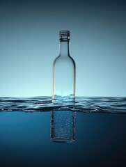 Minimalist Glass Bottle Submerged in Water with Serene Blue Gradient Background