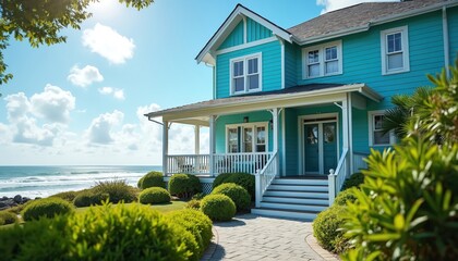 Bright cyan craftsman style ocean home features charming porch, rich plants. Oceanfront property offers luxury real estate, residential architecture, contemporary coastal living, near blue water.