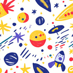 Colorful hand-drawn pattern with playful planets and rockets Repeating Pattern Tile Repeating Pattern Tile