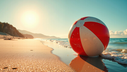 Obraz premium A colorful beach ball rests on the sandy shore as waves gently roll in under a serene sunset sky.