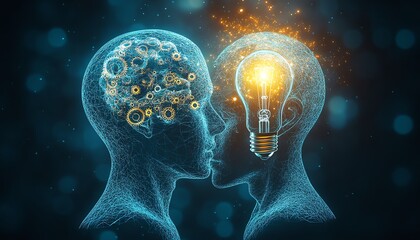 Conceptual art of two light blue human heads linked by wires, with internal gears and a glowing idea bulb above, representing innovation and the power of collective thought