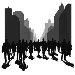 Silhouetted pedestrians walking down urban street, bustling city life