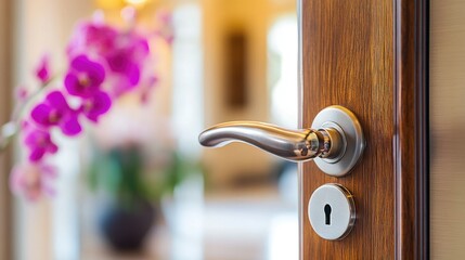 Obraz premium A stylish, modern door handle with a matte finish, attached to a polished door with contemporary interior design elements.