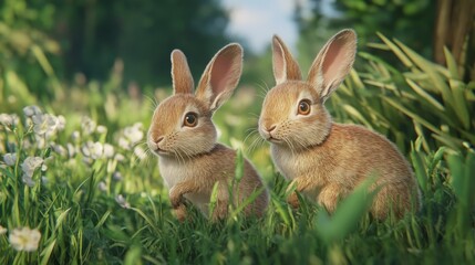 A pair of spring rabbits hopping through a grassy meadow, playful and joyful, ultra-detailed, 4k