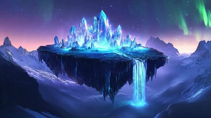 A mystical floating island with glowing crystals and cascading waterfalls, surrounded by a dreamy cosmic sky - Powered by Adobe