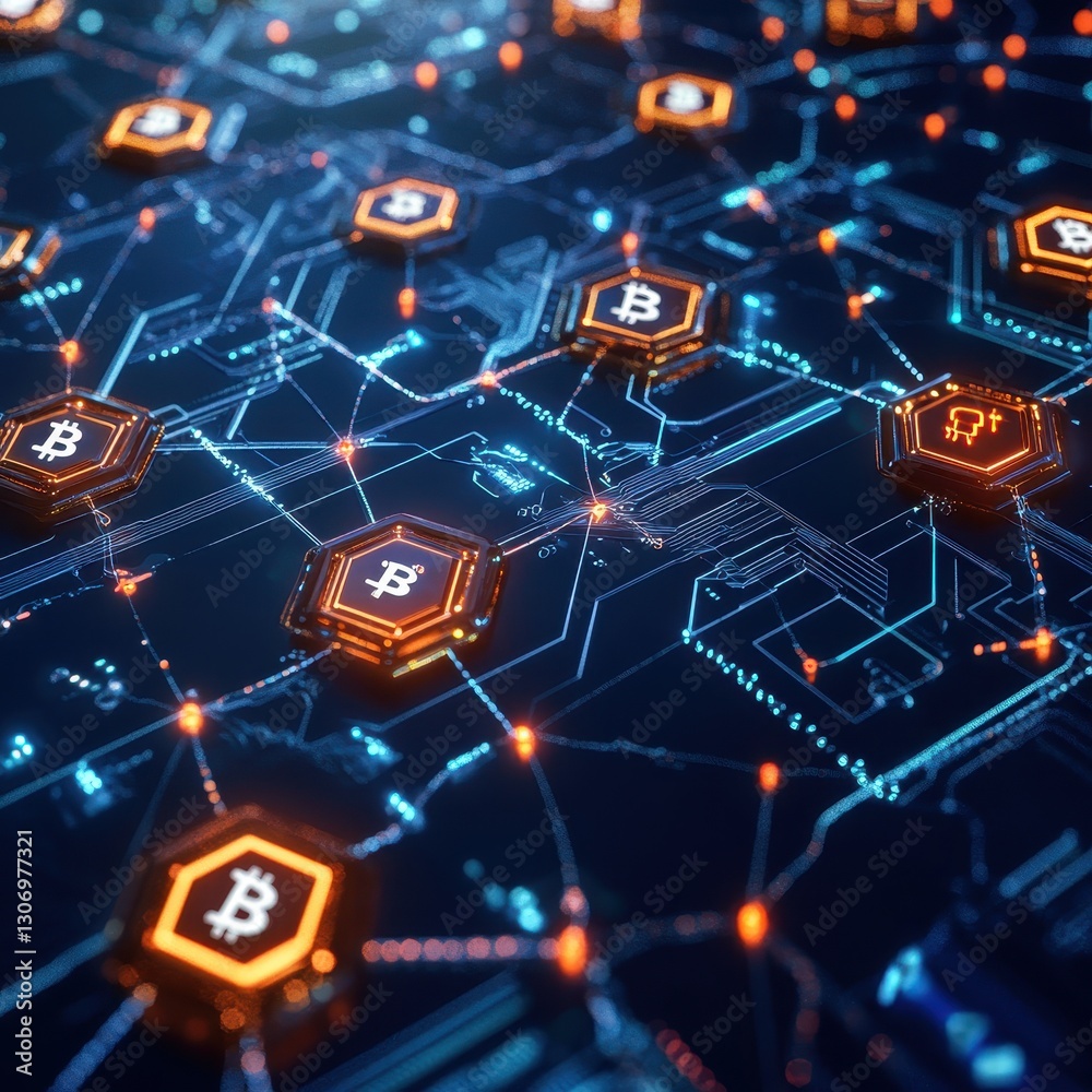 Aufkleber abstract digital representation of blockchain technology with bitcoin symbols and network connection