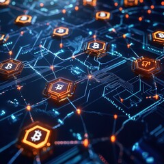 Abstract Digital Representation of Blockchain Technology with Bitcoin Symbols and Network Connections
