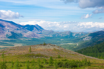 View of the Rai-Iz mountain and the Sob River in the Polar Urals on a sunny summer day, Yamal,...