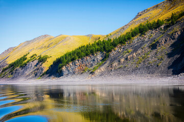 The beautiful banks of the Siberian river Lena are reflected in the water