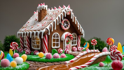 Beautifully designed gingerbread house decorated with white icing, red and white candy canes, and colorful gumdrops. The roof is adorned with sugar snow and peppermint swirls, giving it a festive, win