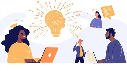 A diverse group of people collaborating on ideas with laptops, showcasing creativity and teamwork. illustration features lightbulbs and thought bubbles, symbolizing innovation and brainstorming