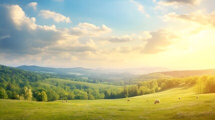 The sun's embrace warms the misty mountainside, casting a serene glow over the grazing herd of cows and sheeps.  A breathtaking display of nature's beauty.