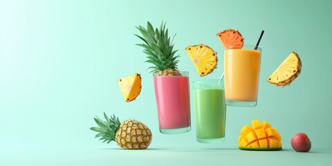 Fototapeta premium Realistic 3D Icon Cartoon of Flying Fruit Smoothies with Pineapple and Mango on a Light Pastel Green Background