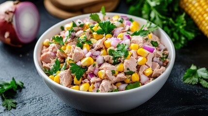 A vibrant gourmet tuna salad with canned tuna, corn, red onions, and fresh parsley served in a white bowl.