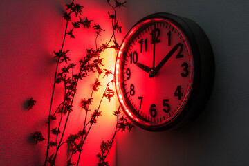 A glowing clock with soft neon lights, ticking steadily in a calm and futuristic atmosphere, creating a mesmerizing and serene effect