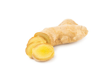 Fresh ginger and lemon isolated on white background. Sliced ​​ginger. Ginger root. Traditional...