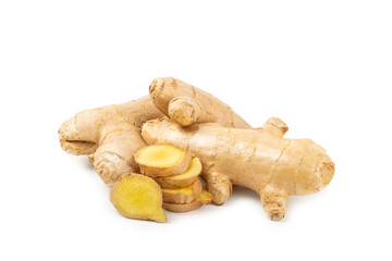 Fresh ginger and lemon isolated on white background. Sliced ​​ginger. Ginger root. Traditional...
