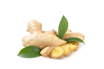 Fresh ginger and lemon isolated on white background. Sliced ​​ginger. Ginger root. Traditional alternative medicine, healing tea for immunity. Close-up.