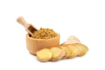 Fresh ginger and lemon isolated on white background. Sliced ​​ginger. Ginger root. Traditional...