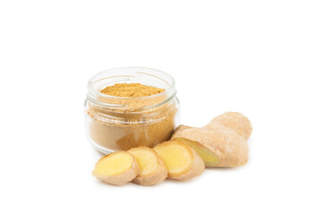 Fresh ginger and lemon isolated on white background. Sliced ​​ginger. Ginger root. Traditional alternative medicine, healing tea for immunity. Close-up.