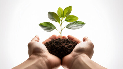 main tendue avec une jeune plante sur fond blanc