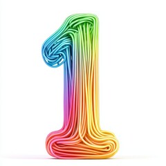 Of the number 1 made of rainbow-colored spaghetti strands with a glossy texture and soft curves, isolated on a clean white background