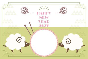 2027年の未年の羊をモチーフにしたイラストのフォトフレーム年賀状はがき素材