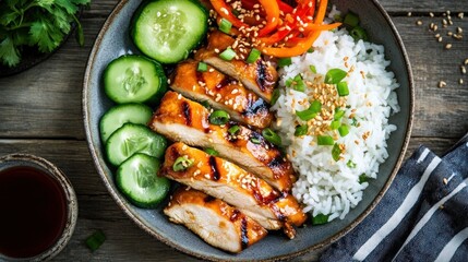 Delicious Teriyaki Chicken Bowl with Rice, Cucumber, and Peppers