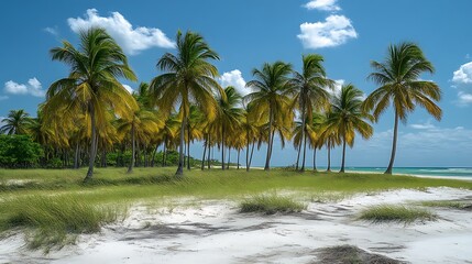 Obraz premium Palms on beach, sunny sky, grass dune