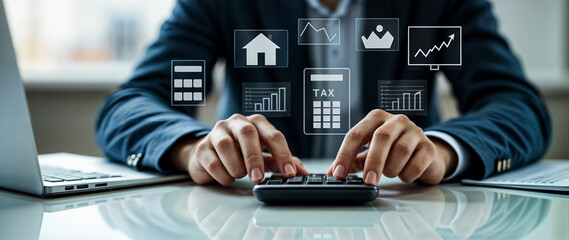 Calculation tax return. Businessman using his laptop computer and smartphone to fill out online personal income tax