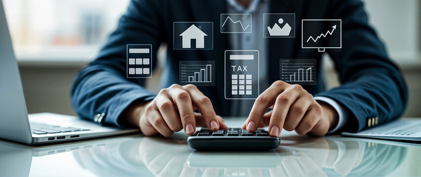 Calculation tax return. Businessman using his laptop computer and smartphone to fill out online personal income tax
