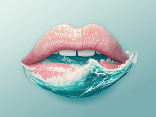 Creative Surreal Lips Design Featuring Ocean Waves and Soft Colors
