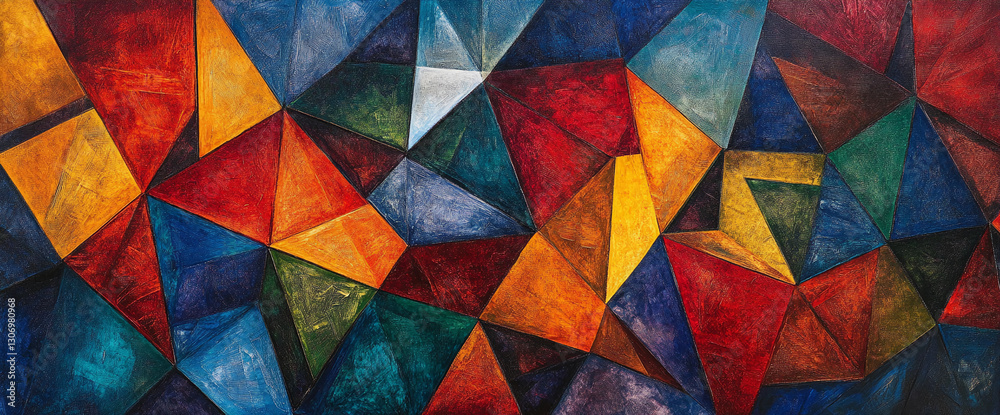 Poster Abstract painting with geometric shapes in warm and cool colors, creating a dynamic and multifaceted visual texture, showcasing abstract art and design