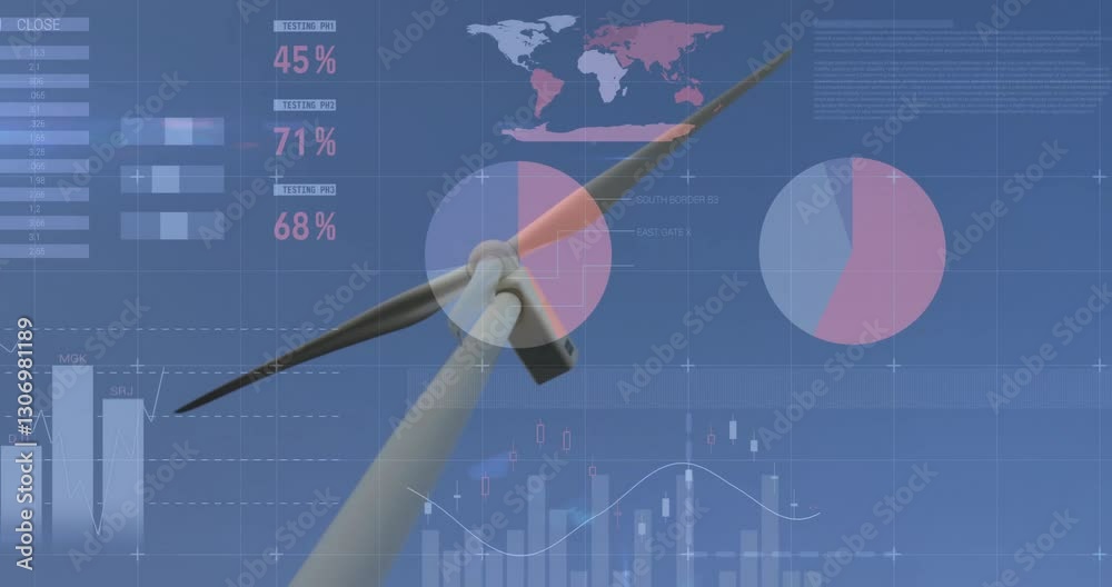 Poster overlaying charts and graphs, wind turbine showing global energy data animation